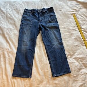 Pilcro Women's Jeans Large Dark Blue Button Fly Cropped Frayed Waist High Rise